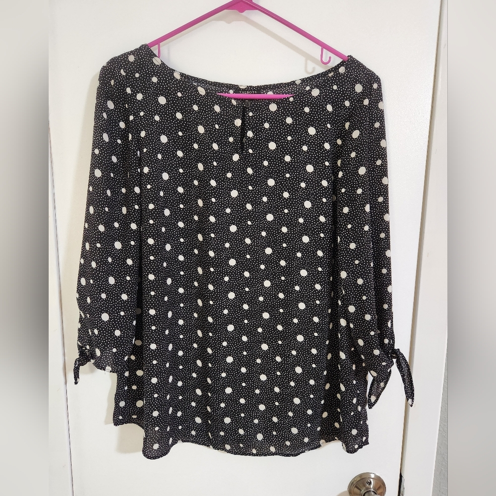 Talbots Petite Women's Black and White Polka Dot Tie-Sleeve Blouse